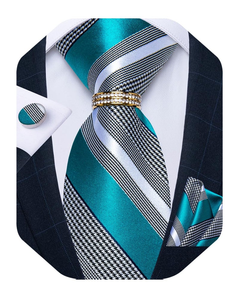 DiBanGu Mens Tie Set Silk Necktie and Gold Tie Ring Pocket Square Cufflinks Formal Business Wedding Ties with Gift Box, Teal and Grey - Image 1